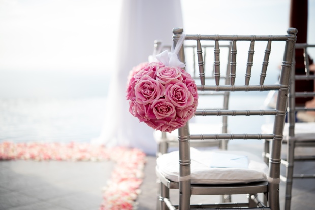 pink rose ball, chair decor, white and pink ceremony canopy, Villa Caletas wedding, zephyr Palace wedding, Weddings Costa rica, Costa Rica wedding